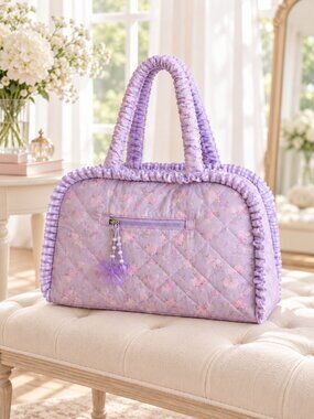 OMG Accessories Quilted Floral Duffle Bag Lilac Lavender Weekend Travel Bag NWT